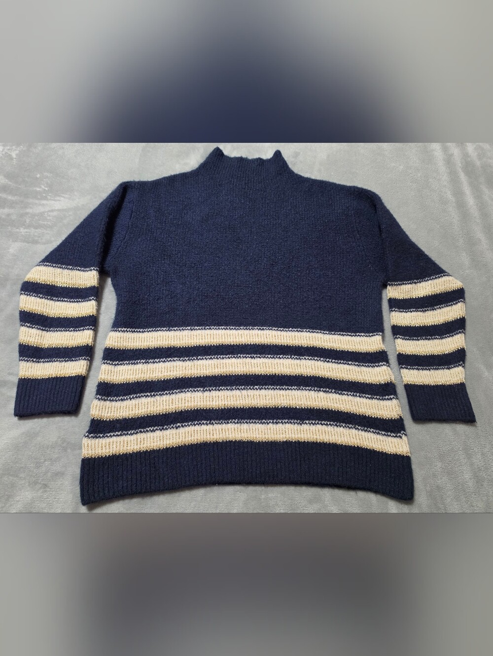 MNG Mock Neck Metallic Striped Cozy Knit Sweater Navy Blue